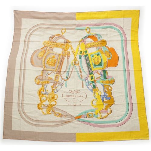 エルメス カシミヤ シルク カレ140 カシシル カレジェアン BRIDES de GALA スカーフ イエロー系