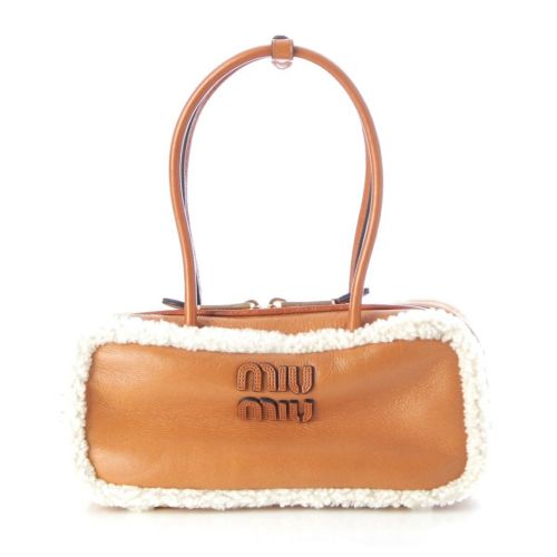 ミュウミュウ アルカディ ボア シアリング ハンドバッグ ポーチ付き 5BB148 コニャック ブラウン系