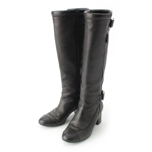 シャネル レザー サイドジップ ロング ブーツ ブラック