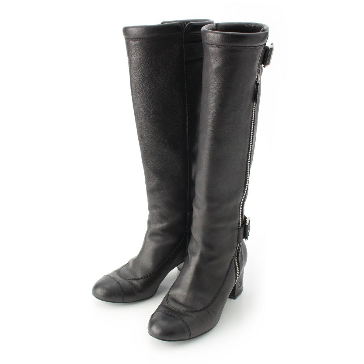 シャネル レザー サイドジップ ロング ブーツ ブラック