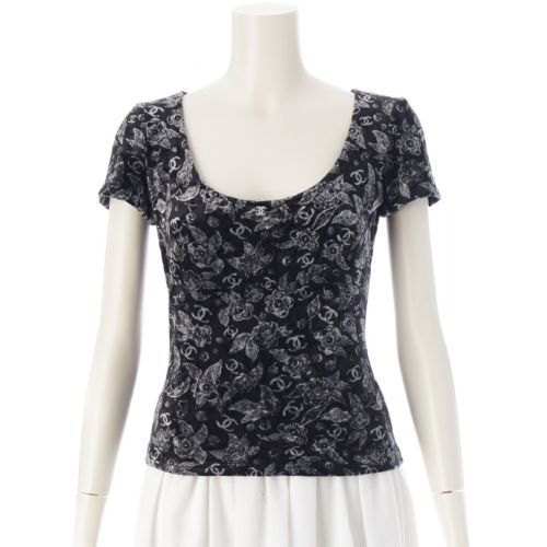 シャネル 24‐25AW ベロア ラインストーン ココマーク 総柄 カットソー 半袖 トップス P78132 ブラック 34