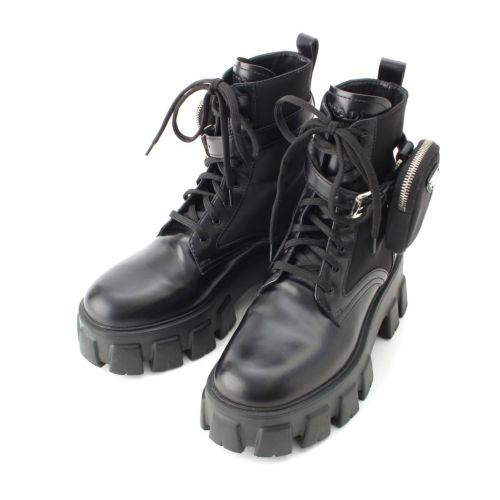 プラダ 255 モノリス レザー × リナイロン Re-nylon 牛革 ポーチ付き ブーツ シューズ ショート ブラック 37 1/2
