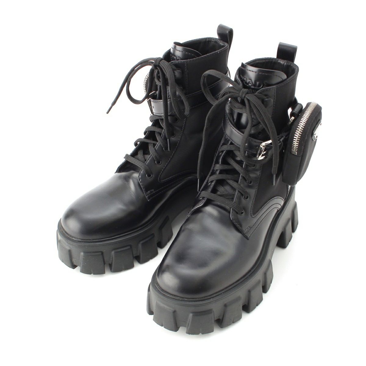 プラダ 255 モノリス レザー × リナイロン Re-nylon 牛革 ポーチ付き ブーツ シューズ ショート ブラック 37 1/2