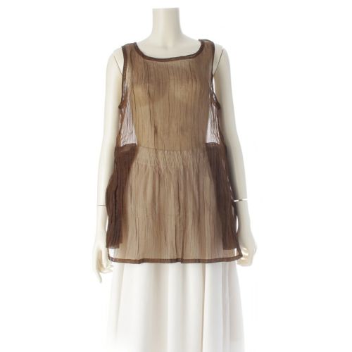 イッセイミヤケ 80s 86年 スポーツ I.S. ナイロン シワ加工 ノースリーブ シアー サイドスリット 変形 カットソー トップス RJ81256 オリーブ ブラウン系 9