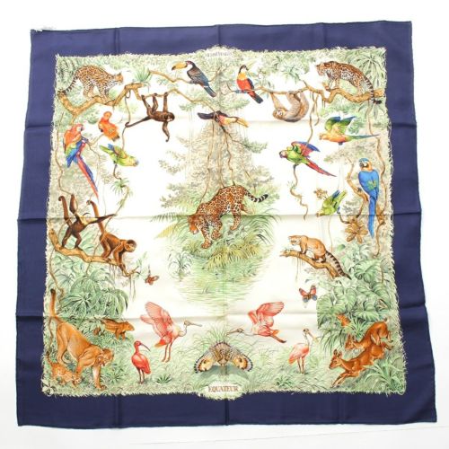 エルメス カレ90 EQUATEUR 赤道直下 シルク スカーフ アニマル 動物 鳥 ブルー ホワイト