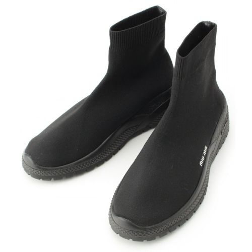 ミュウミュウ ニット ロゴ ソックス ハイカット スニーカー ブラック 37