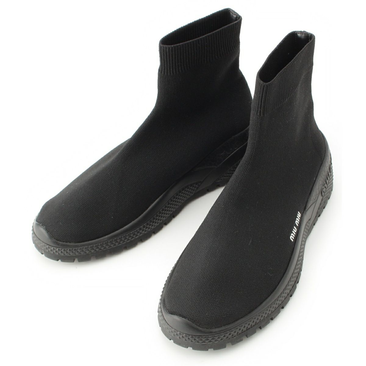 ミュウミュウ ニット ロゴ ソックス ハイカット スニーカー ブラック 37