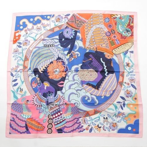 エルメス カレ90 DUO COSMIQUE デュオ コスミック シルク スカーフ アニマル 蝶々 お花 ピンク