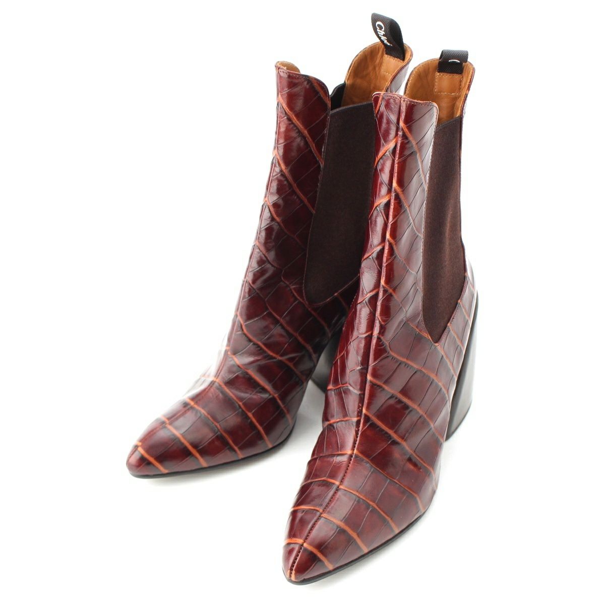 クロエ 型押しレザー チャンキーヒールツ サイドゴア ブーツ ブラウン ブラック 37