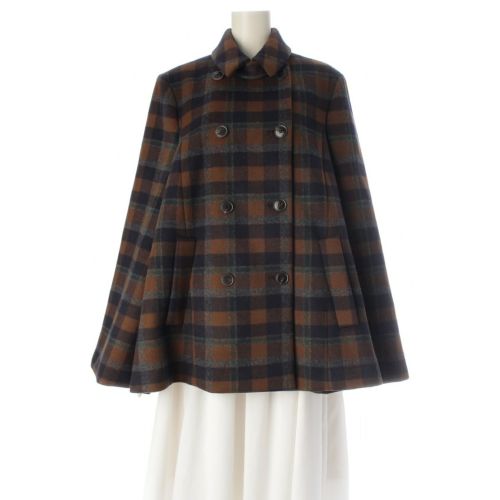 サルヴァトーレフェラガモ ウール チェック柄 ポンチョ アウター トップス ブラウン 42