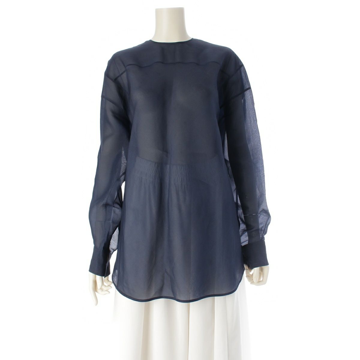 ブラミンク 24SS シルク クルーネック ブラウス 長袖シャツ トップス 7921-230-0245 ネイビー 38