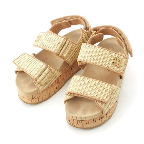 ミュウミュウ ラフィア ロゴ スポーティ ウェッジソール サンダル 5XZ480 ベージュ 36