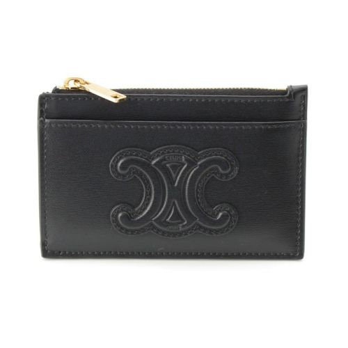 セリーヌ キュイル トリオンフ スムースラムスキン ジップ付きカードホルダー コインケース コンパクトウォレット ブラック ゴールド