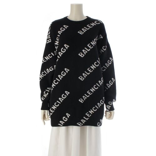 バレンシアガ 18AW ウール ロゴ クルーネック ニット セーター ブラック ホワイト M