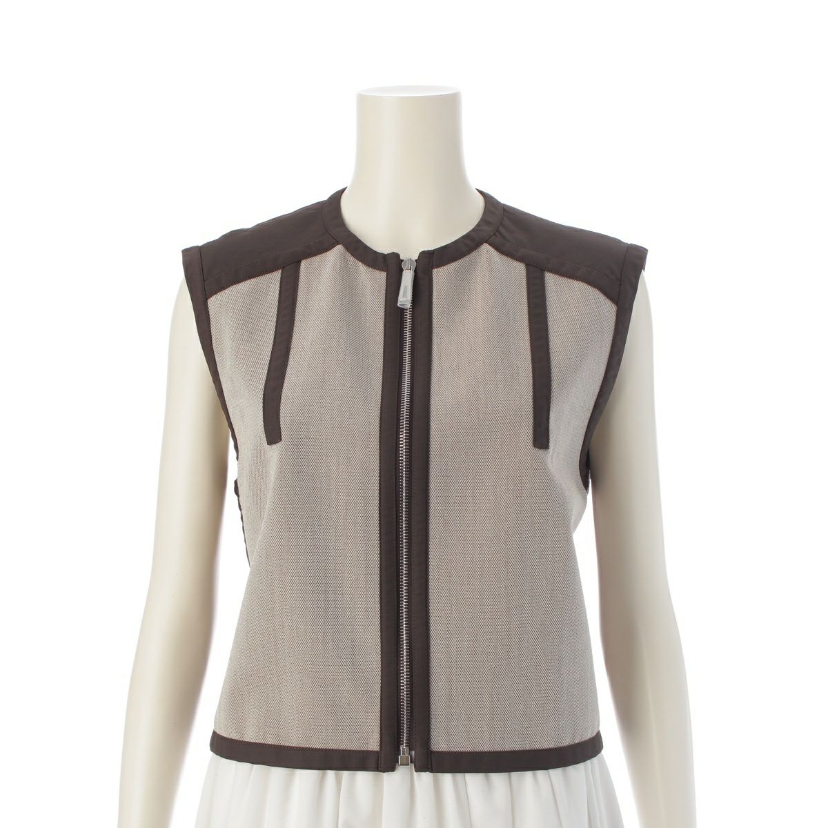 エルメス 23年 ウール ナイロン コットン 切替 ジップアップ ベスト トップス ブラウン ベージュ 38