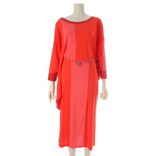 エルメス 23年 シルク 切替 ベルト付き ワンピース トップス スカート ロング レッド ピンク 38