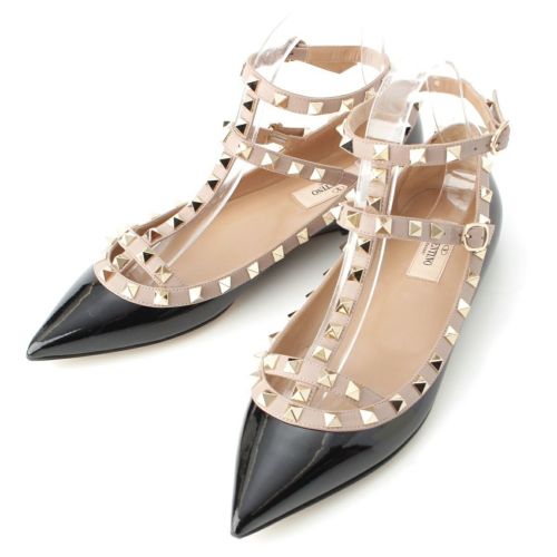 ヴァレンティノ パテント ロックスタッズ アンクルストラップ フラット パンプス ブラック ベージュ 38