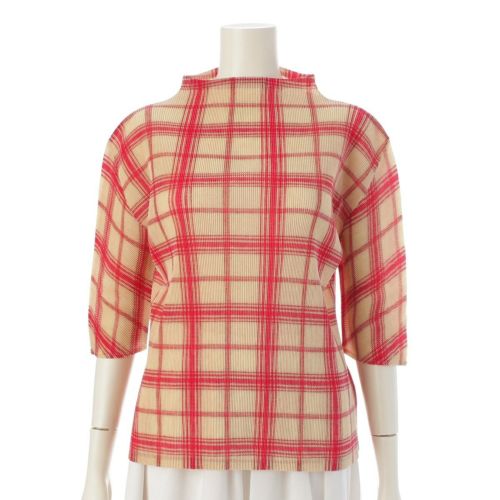 プリーツプリーズ イッセイミヤケ ハイネック チェック柄 トップス 7分丈 PP91FK313 ベージュ 3