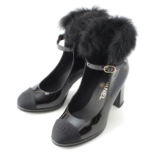 シャネル パテントレザー メリージェーン ファー ヒール パンプス シューズ G45174 ブラック 35