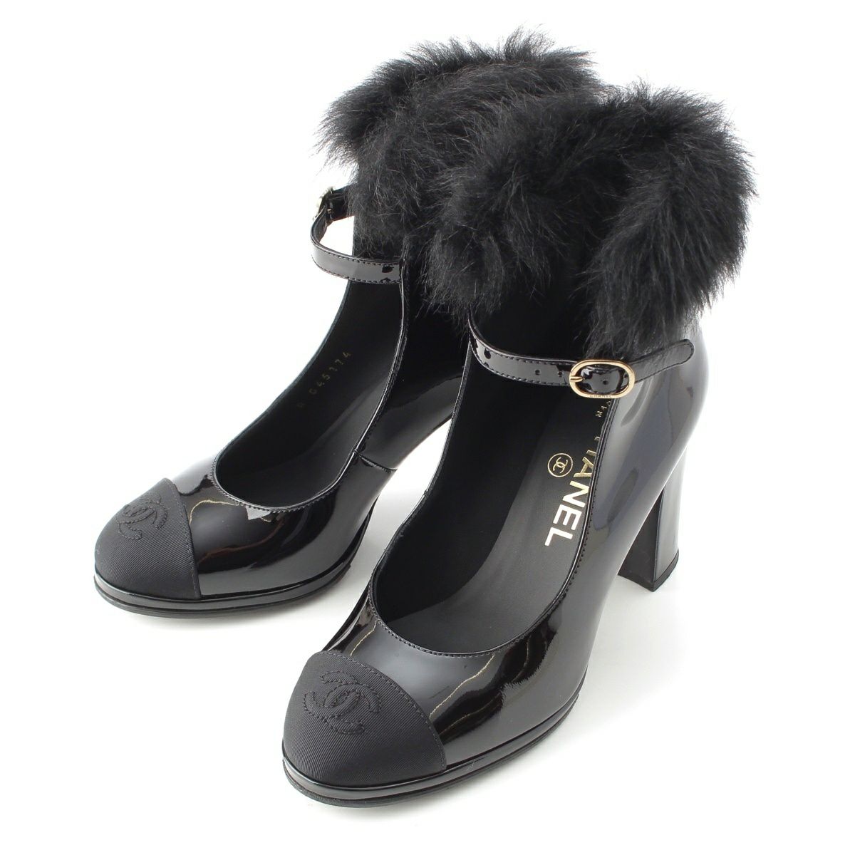 シャネル パテントレザー メリージェーン ファー ヒール パンプス シューズ G45174 ブラック 35