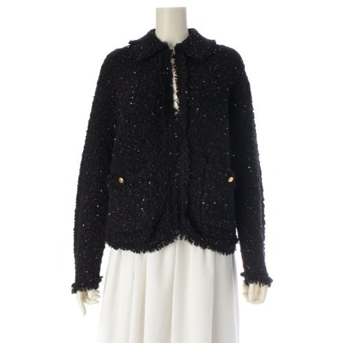 ドゥロワー 23SS SPRING コットン 3G ツイードスパンコール ニット テーラードジャケット 6522-199-0758 ブラック