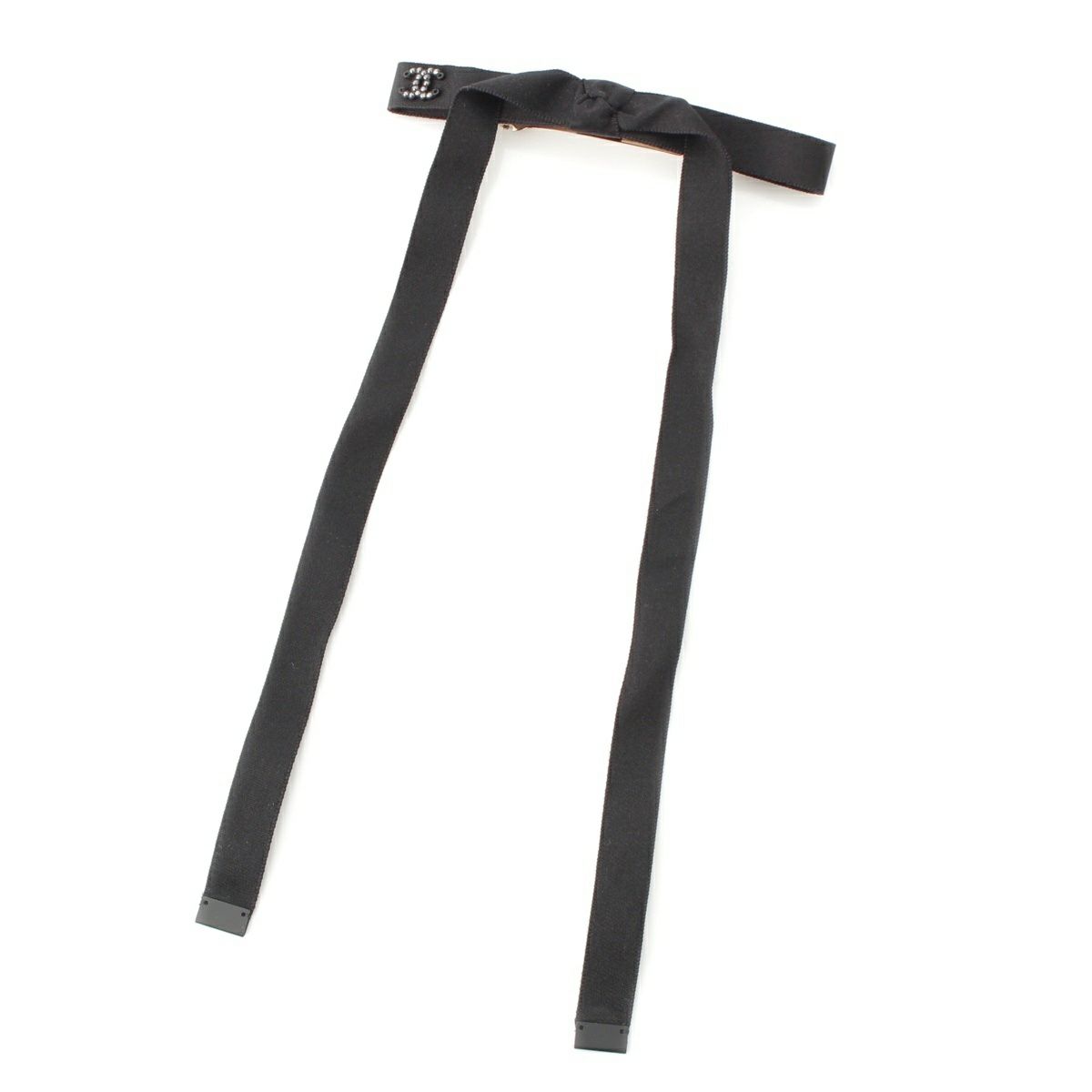 シャネル 24B 24AW ココマーク ビジュー シルク リボン バレッタ ヘアアクセサリー ブラック