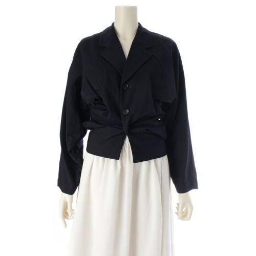 コムデギャルソン AD1990 90AW ウールギャバジン カットアウト 変形 ギャザー テーラードジャケット GJ-05016S ダークネイビー S