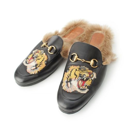 グッチ レザー ファー ビット 虎模様 スリッポン ローファー ブラック