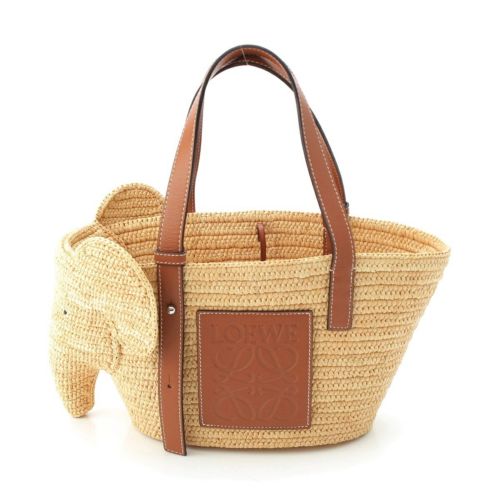 ロエベ エレファント ラフィア×レザー アナグラム かごバッグ ハンドバッグ ベージュ