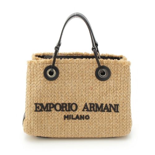 エンポリオ・アルマーニ ラフィア ロゴ 2WAY ショルダー ハンドバッグ カゴ バスケット ベージュ ブラック ナチュラル