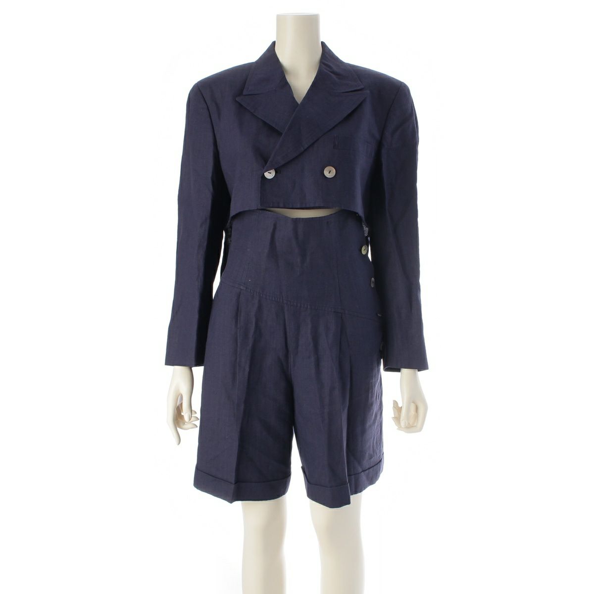 トリココムデギャルソン 80s 麻 リネン 変形 スリット シェルボタン バイアス バミューダ 燕尾 ジャケット ショート パンツセットアップ TJ-020210 TP-02014M ネイビー