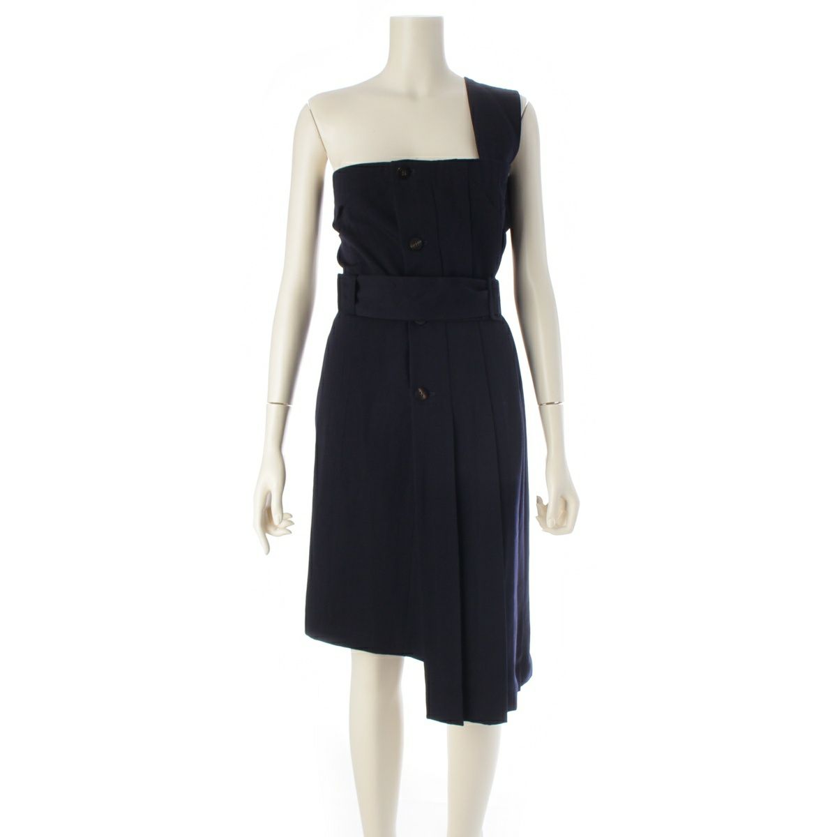 トリココムデギャルソン 80s e80s ウール ギャバジン ベルテッド ワンショルダー ジャンパースカート ワンピース TA-050020 ネイビー F