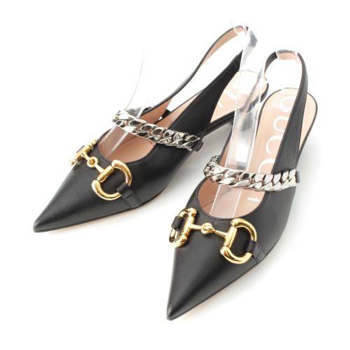 グッチ レザー ホースビット チェーン スリングバック パンプス シューズ 616596 ブラック 34 1/2