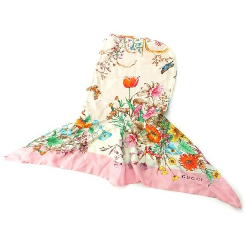 グッチ シルク フローラ 花柄 フード フーディ スカーフ 555181 ピンク M 58cm
