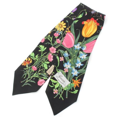 グッチ シルク フローラ 花柄 ネックボウ スカーフ タイ 699497 ブラック系 マルチカラー