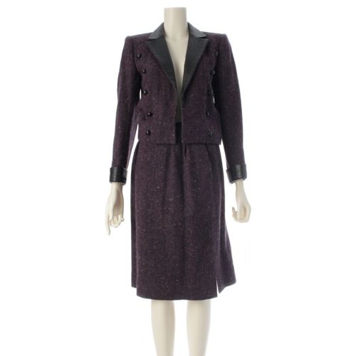 イヴ・サンローラン ウール ツイード レザー ジャケット スカートセットアップ パープル S/M