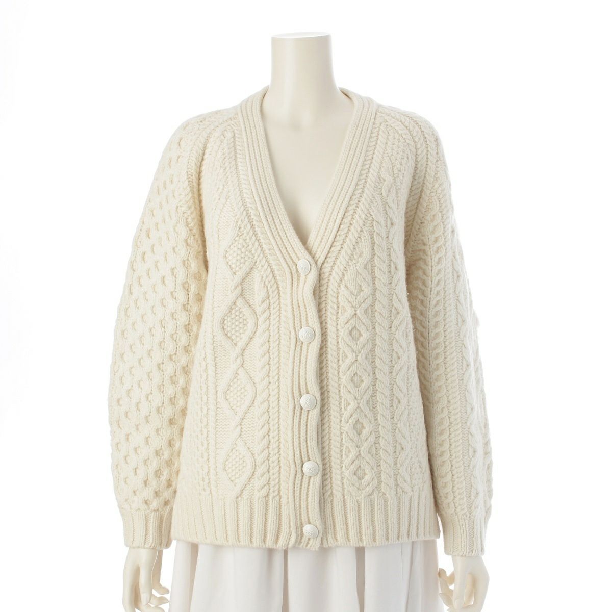 ドゥロワー 23AW ウール カシミヤ FALL1 ケーブル編み ミンク パッチ ニット セーター カーディガン トップス 6515-199-0580 オフホワイト ベージュ ‐