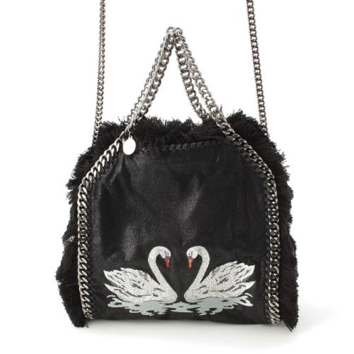 ステラマッカートニー ファラベラ 白鳥 刺繍 チェン 2WAY ショルダー ハンドバッグ ブラック シルバー