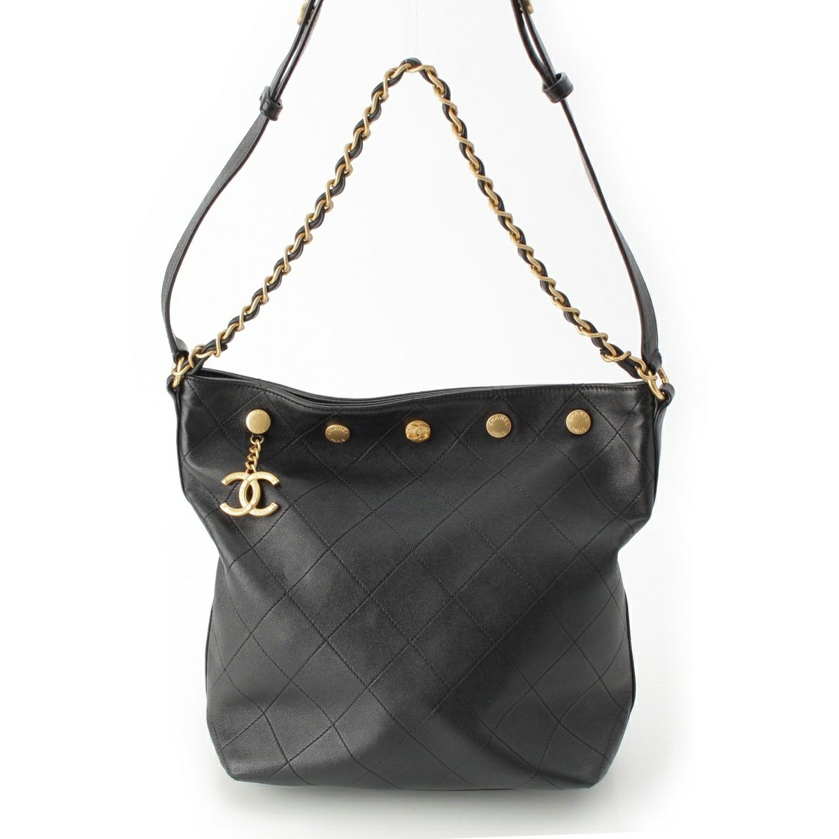 シャネル 2025SS シャイニーラムスキン ラージバケット ワン ショルダーバッグ AS5406 ブラック