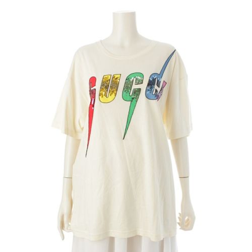 グッチ Blade Print スパンコール ロゴ 半袖Ｔシャツ 539081 アイボリー S