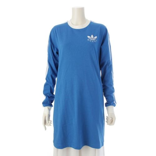 グッチ アディダス ロゴ ストライプ シャツ 長袖 ワンピース 693537 ブルー S