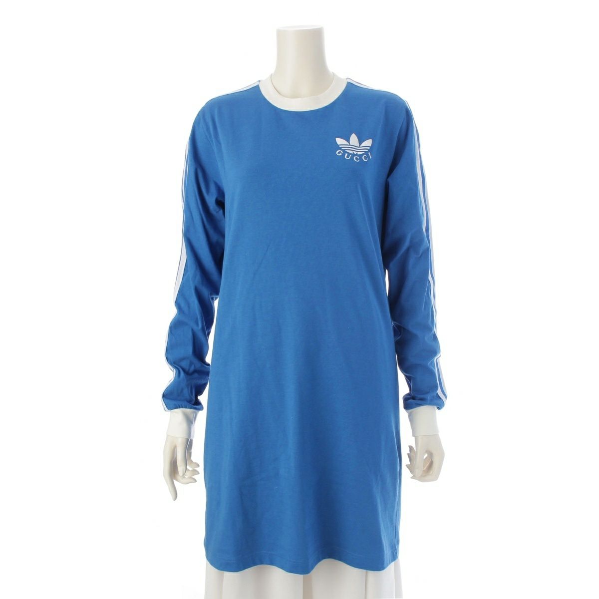 グッチ アディダス ロゴ ストライプ シャツ 長袖 ワンピース 693537 ブルー S