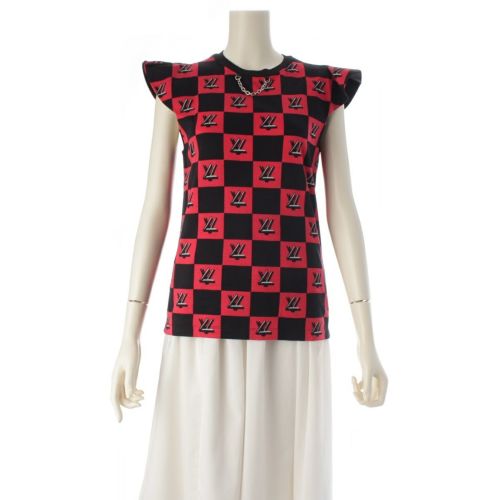 ルイヴィトン コットン LV ツイストロック チェーン トップス ノースリーブ Tシャツ ブラック レッド XS