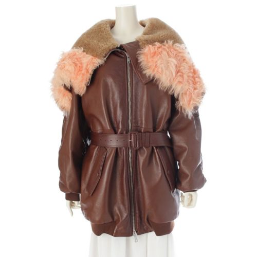 プラダ 22AW シープスキン 三角ロゴプレート ベルト付き オーバーサイズ ファー コート 56A058 ブラウン XXS