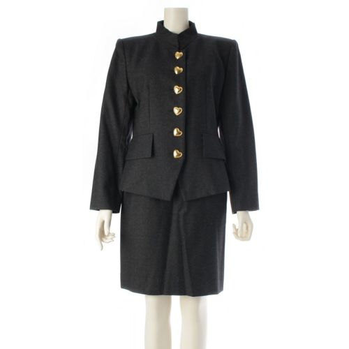 イヴ・サンローラン ウール ヴィンテージ ハートボタン ジャケット スカートセットアップ チャコールグレー 36