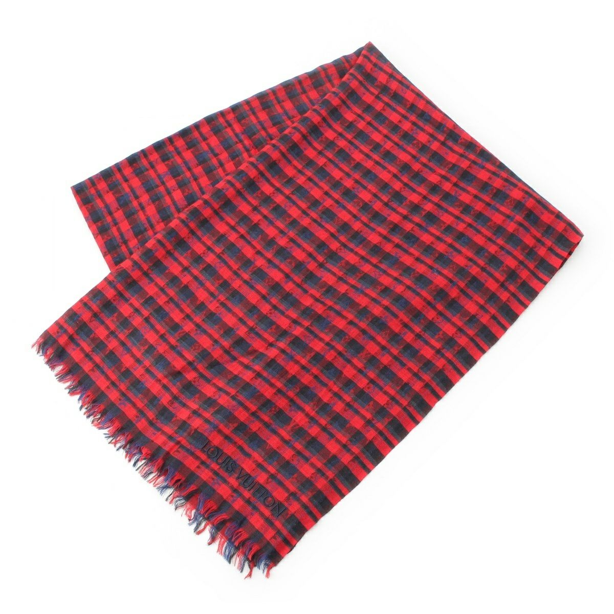ルイヴィトン ウール×シルク エトール モノグラム チェック柄 ストール M74965 レッド マルチカラー