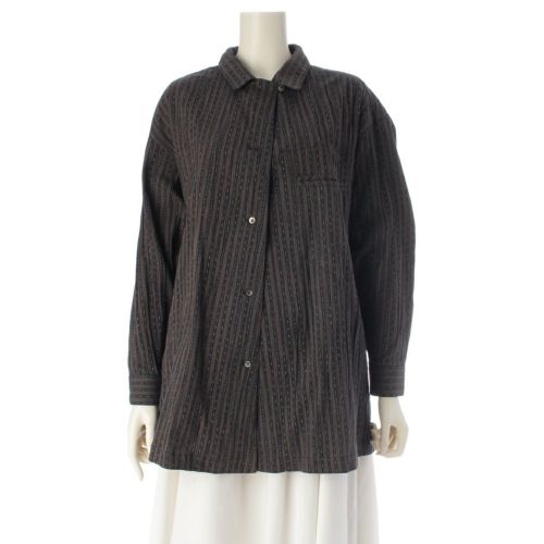 イッセイミヤケ 80s 1984 コットン 筆タグ 絣 ストライプ 両玉縁ポケット 変形 ジャケット 長袖シャツ ブラウン ネイビー 9