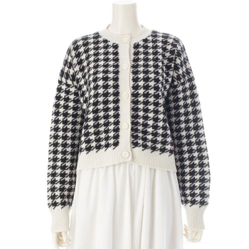 ミュウミュウ 22年 カシミヤ 千鳥格子 ロゴ ニット クルーネック カーディガン ボレロ MMF651 ブラック ホワイト 36