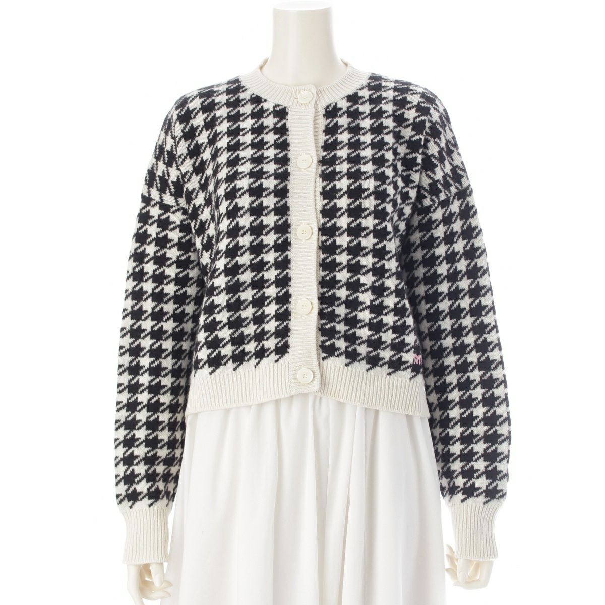 ミュウミュウ 22年 カシミヤ 千鳥格子 ロゴ ニット クルーネック カーディガン ボレロ MMF651 ブラック ホワイト 36