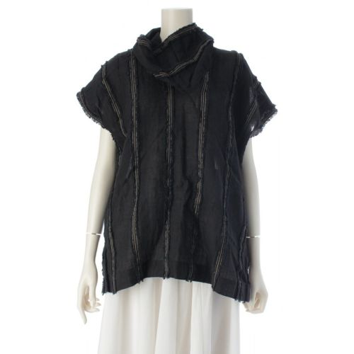 イッセイミヤケ ペルマネンテ リネン カット フリンジ リネン 平面 トップス ブラック M